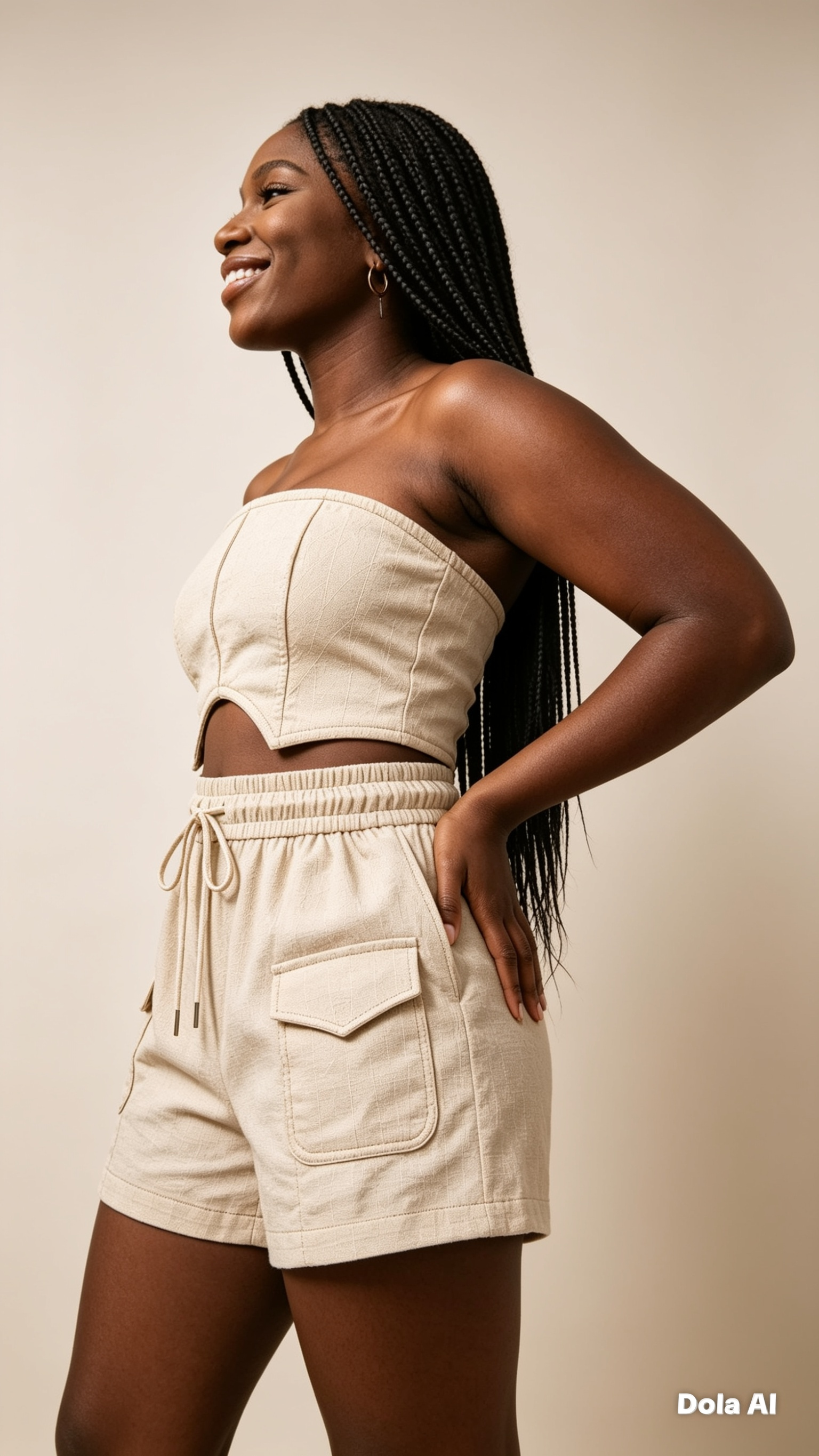 Woman wearing a beige strapless top and shorts with a plain background