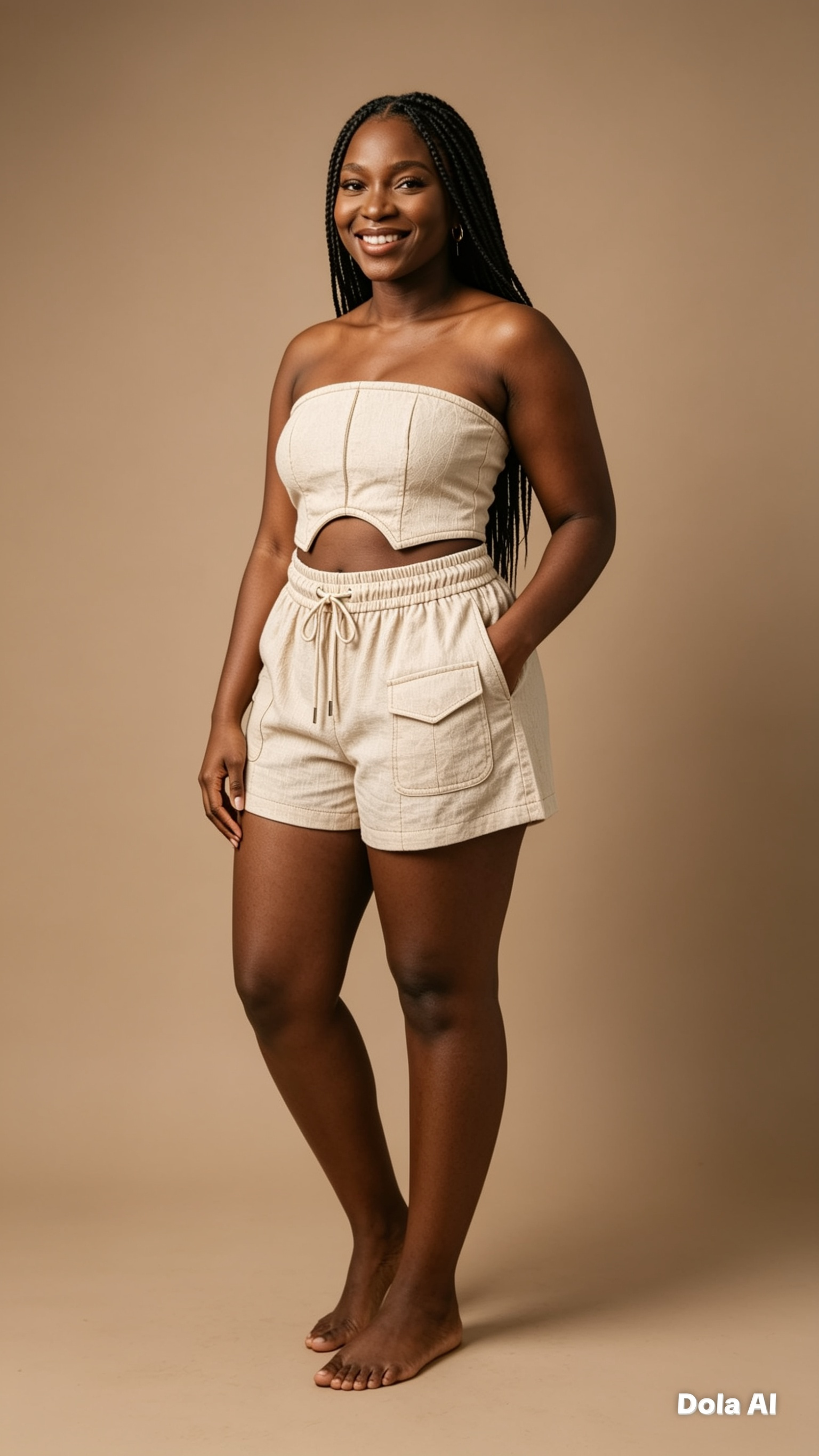 Woman wearing a beige strapless top and shorts on a brown background