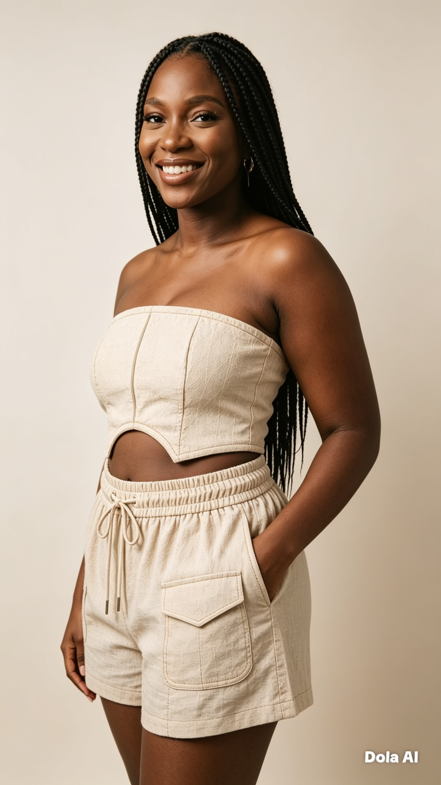 Woman wearing a beige strapless top and shorts against a plain background