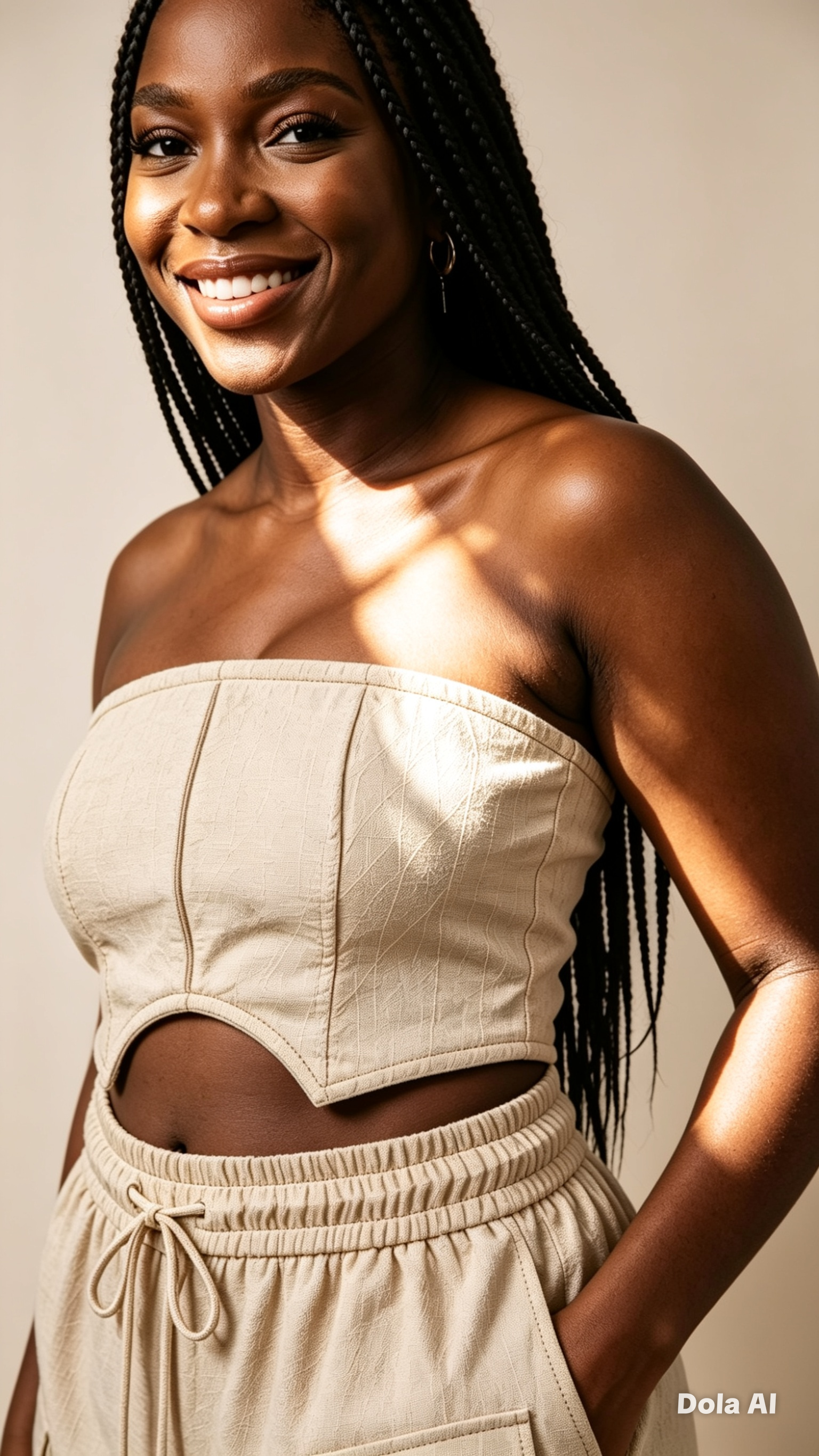 Woman wearing a beige strapless top and pants against a neutral background