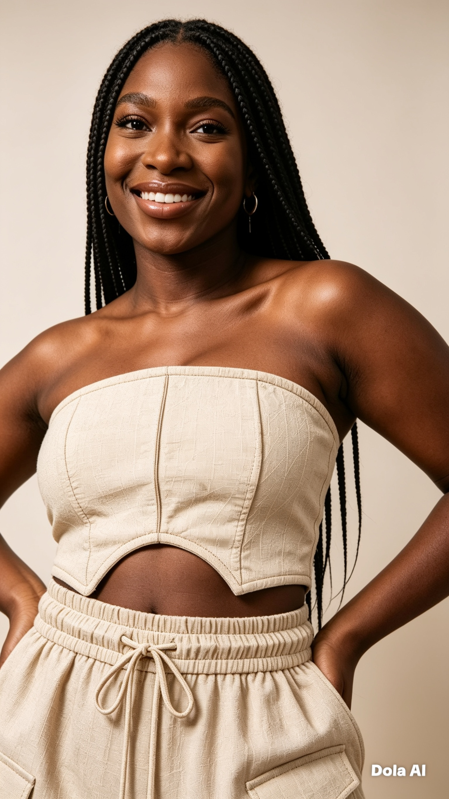 Woman wearing a beige strapless top and pants against a neutral background