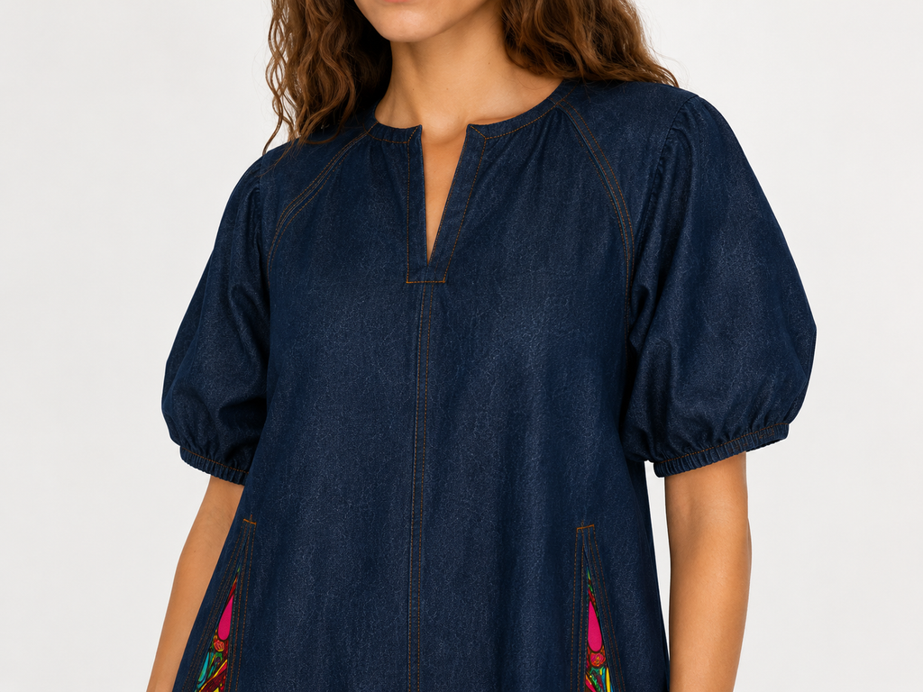 Puffy Ankara Denim Dress