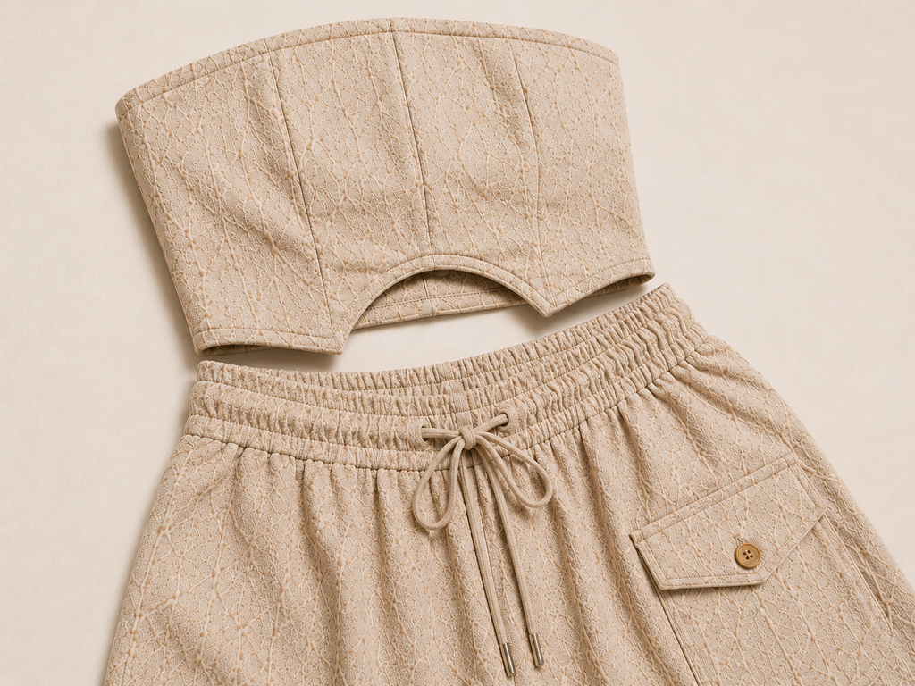 Beige strapless top and shorts set on a beige background