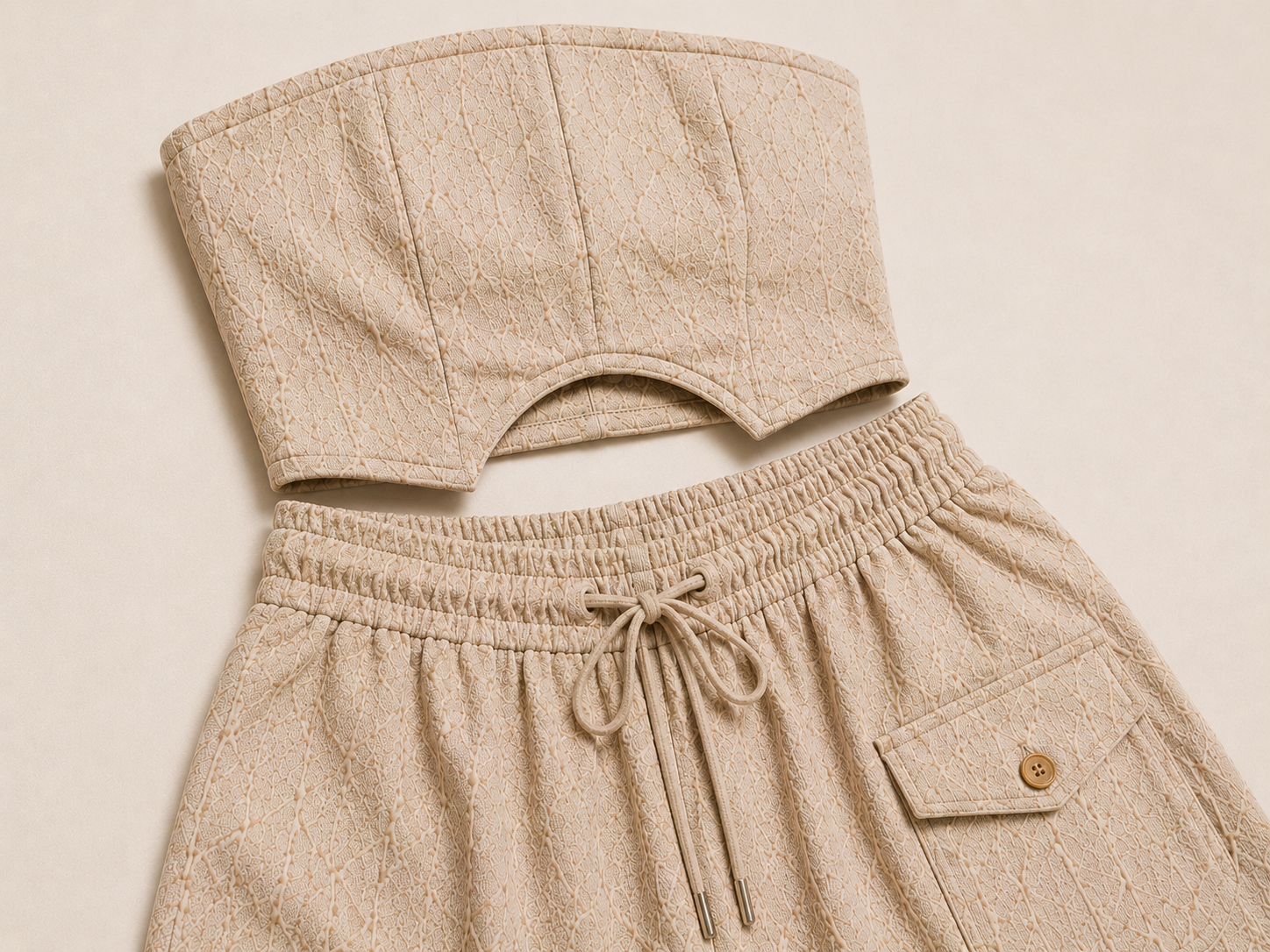 Beige strapless top and shorts set on a beige background