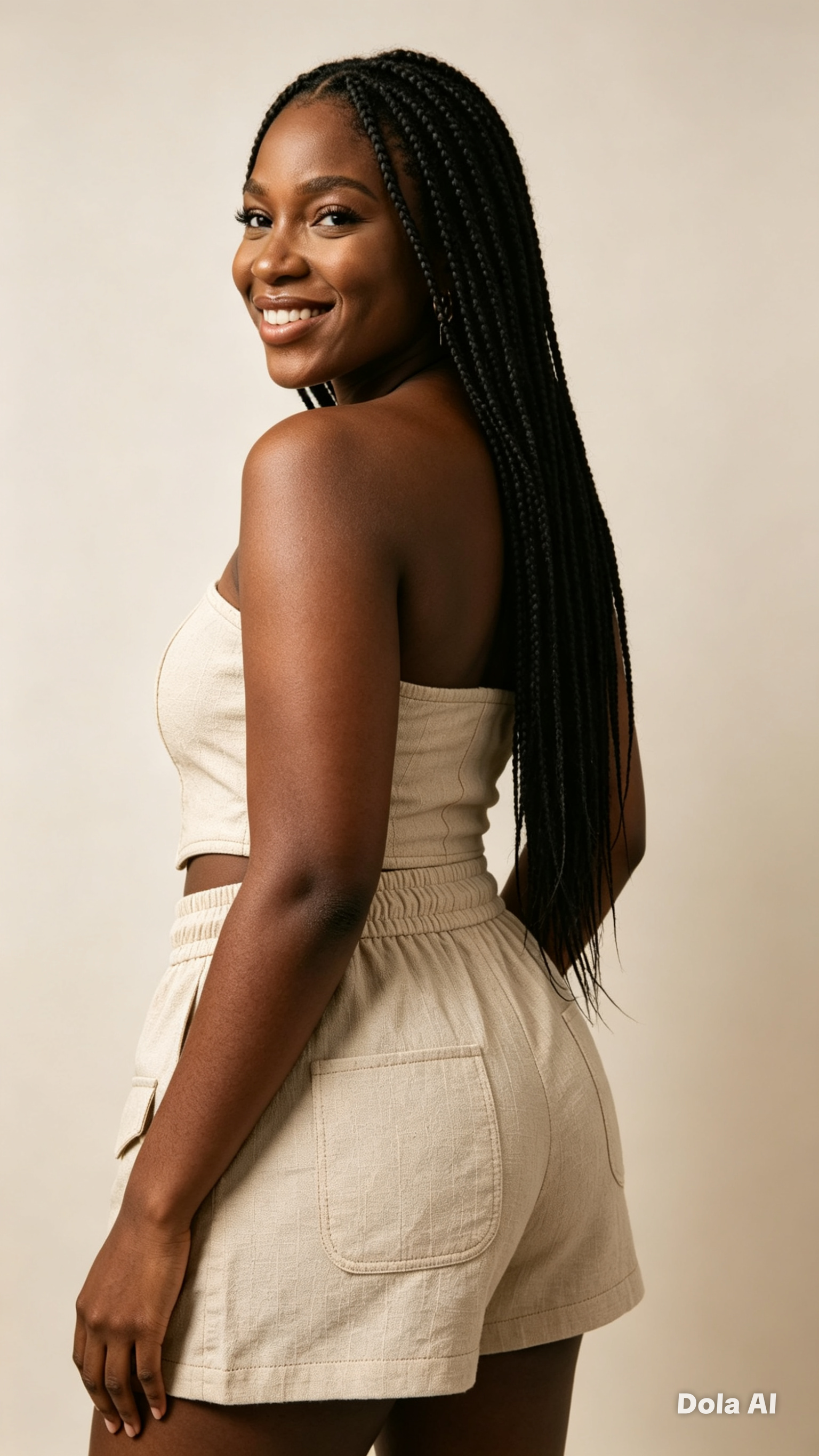 Woman wearing a beige outfit against a plain background
