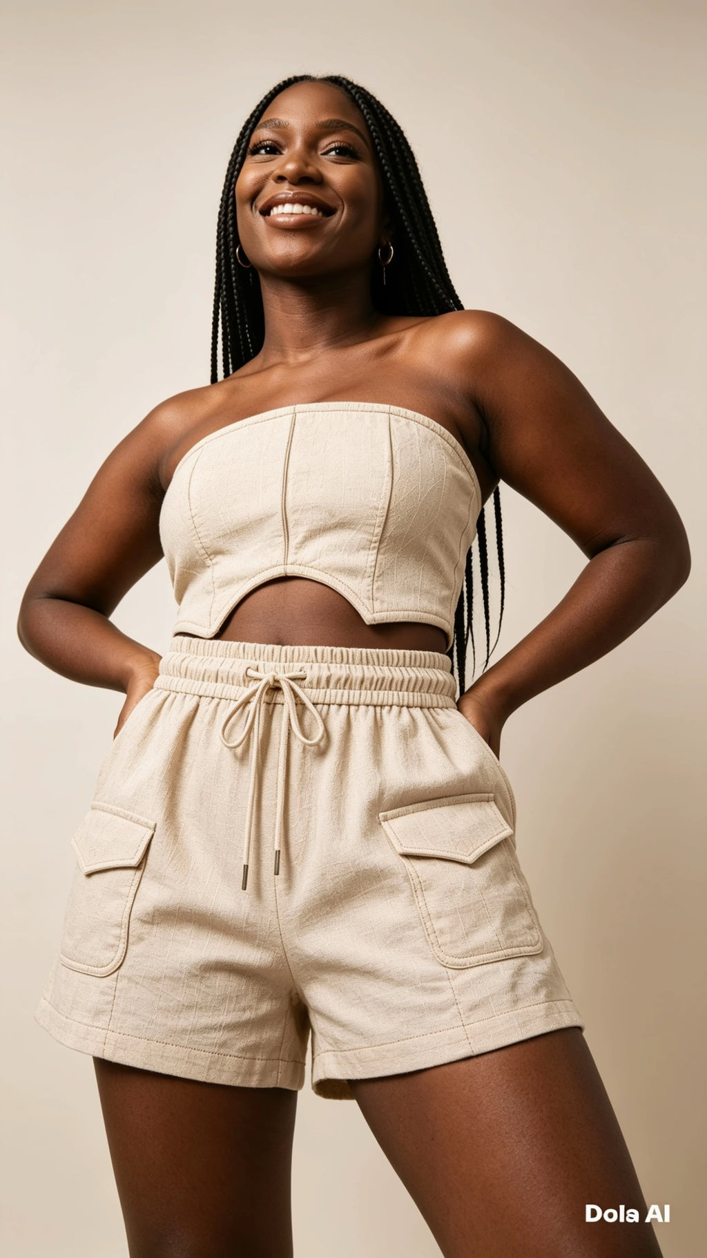 Woman wearing a beige strapless top and shorts with a plain background